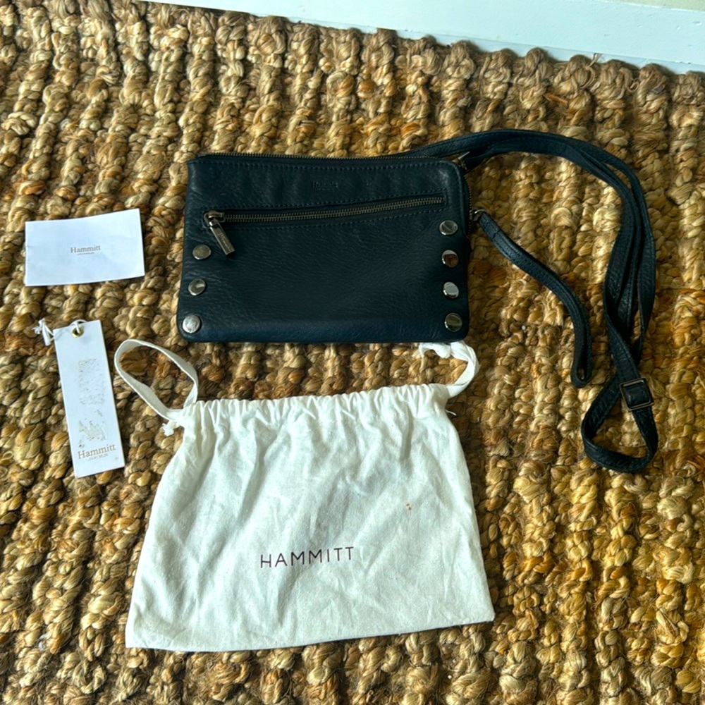 EUC black leather studded Hammitt crossbody with red interior